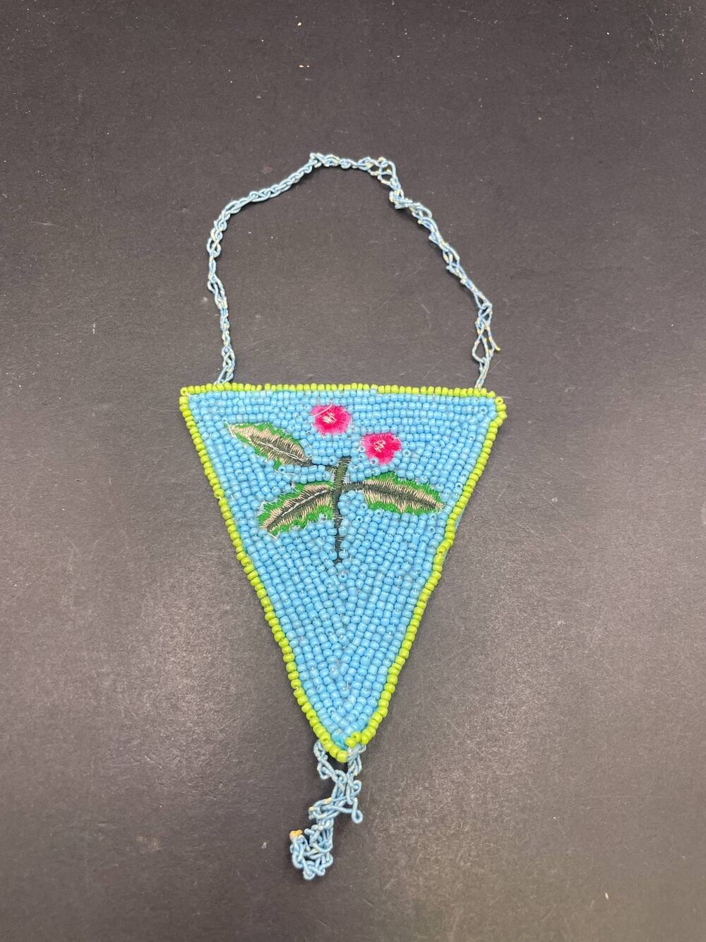 Handmade Beaded Triangular Floral Glass Seed Bead Blue Green Hanging Charm